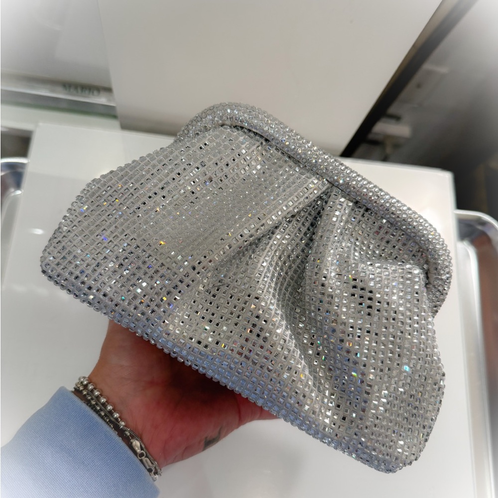 Elegant Silver Crystal Embellished Clutch Bag